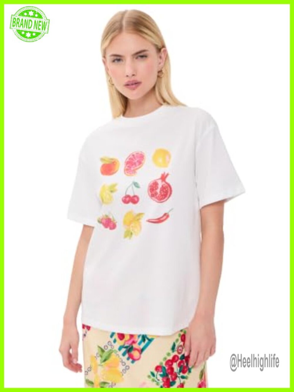 Women's Lightweight Stretch Jersey Fruit Print Crew Neck T-Shirt Short Sleeve